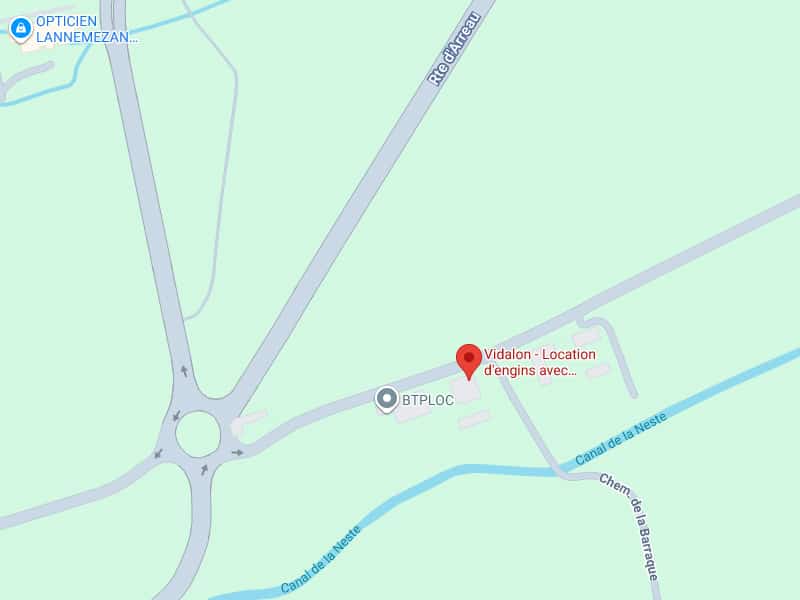 Vidalon Location d'engins : carte et accès à Lannemezan Carte de Lannemezan : localisation de Vidalon Location d'engins et BTPLOC près du rond-point, Rte d'Arreau et Canal de la Neste.